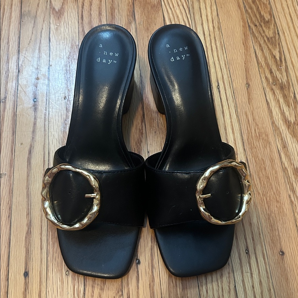 A New Day Black Block Heels with Gold Buckle